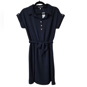 Elegant Navy Short-Sleeve Dress with Belt